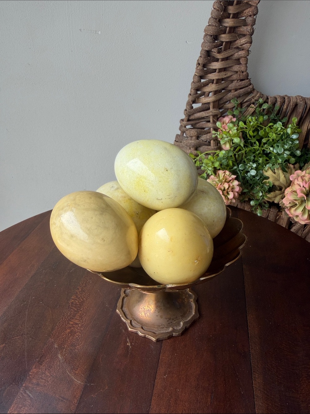 Set of 5 Yellow Alabaster and Marble Decorative Eggs (bowl not included)